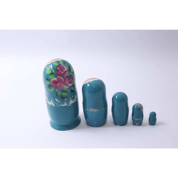 Vintage Matryoshka Doll, Set of 5, Blue Floral Design, Hand Painted, Wooden - Picture 2 of 3